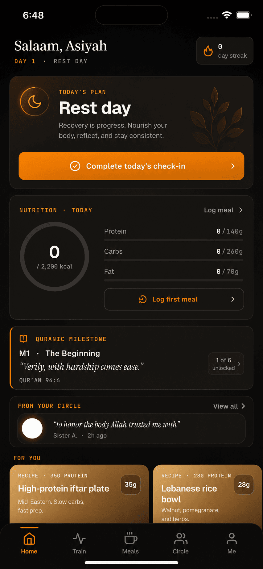 Rizanah home screen on iOS