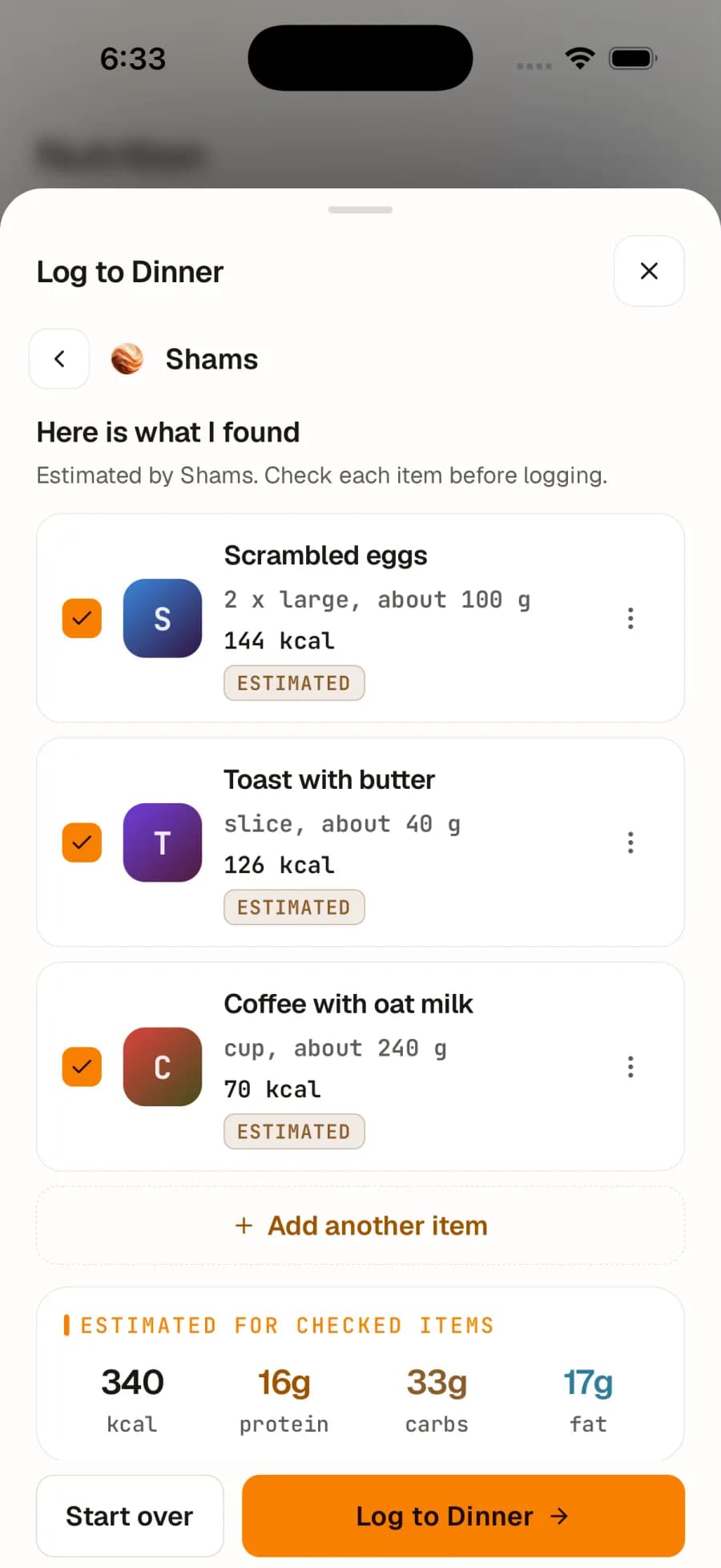 Shams turning a described meal into food entries with estimated calories and macros in Rizanah